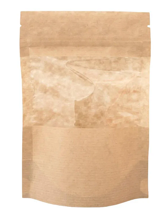 Пакет дой-пак бумажный с замком зип-лок (Бумага/СPP), 120 х 185 + (40+40) мм, с окном 70 мм, 100 шт/